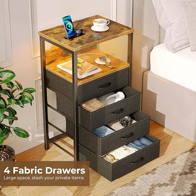 Seventable Night Stand with Charging Station, Tall Nightstand with 4 Fabric Storage Drawers, Side Table with LED Light for Bedroom, Entryway, Rustic Brown