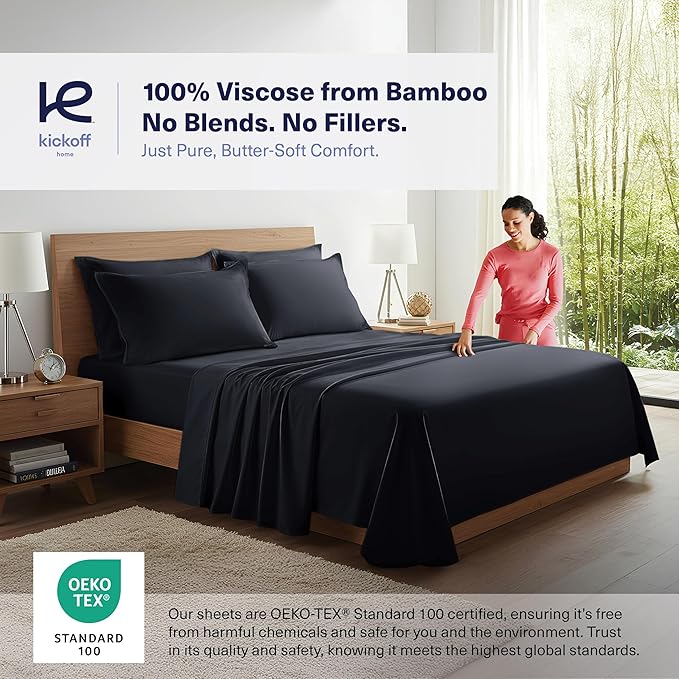 Kickoff Viscose Bamboo Sheets Twin XL Size 3-pc 100% Organic Bamboo Viscose Bed Cooling Sheets Twin XL Size Set Cool Bedding for hot Sleepers Sheet, Flat, Fitted, Pillowcase (Onyx Black, TXL)