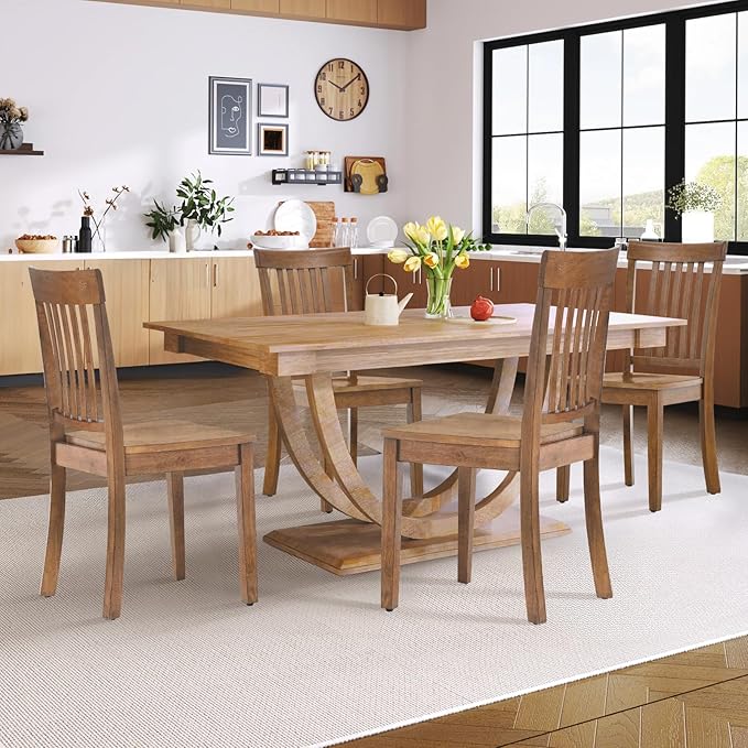 COLAMY Wooden Dining Chairs Set of 4, Spindle High Back Windsor Kitchen Side Chair, Farmhouse Dining Chairs for Kitchen and Dining Room, Light Brown