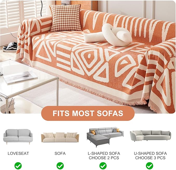 STACYPIK Thick Warm Orange Sofa Cover Armchair Slipcovers Boho Geometric Couch Cover for Sectional Sofa Caramel Loveseat Cover Anti-Slip Chenille Couch Protector for 2 Cushion Couch Home Decor-71X90IN