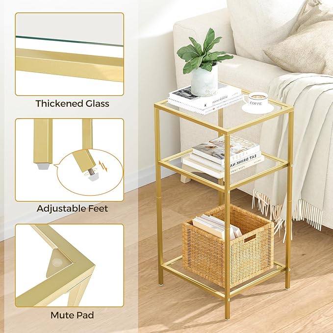 Homhedy 3-Tier Side Tables Set of 2, End Tables with Tempered Glass, Nightstands with Storage Shelves, Slim Sofa Tables for Living Room, Bedroom (2, Golden)