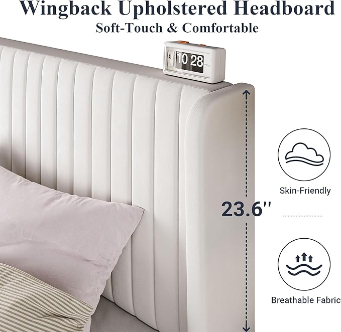 Allewie King Size Velvet Bed Frame/Vertical Channel Tufted Wingback Headboard/Upholstered Platform Bed/No Box Spring Needed/Strong Wooden Slats/Easy Assembly/White
