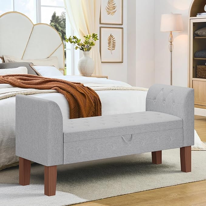 Awonde Armed Storage Bench for Bedroom Entryway Living Room Upholstered Tufted Ottoman Bench Gray