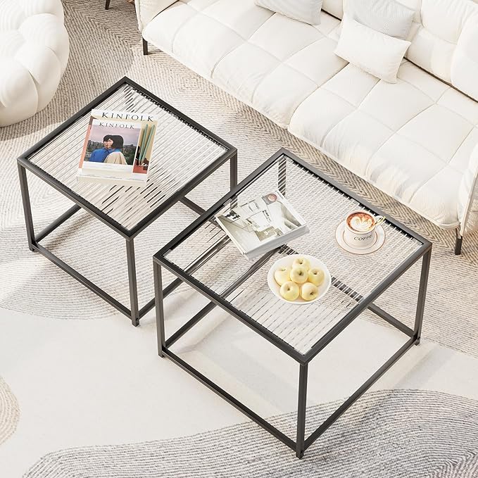 Garden 4 you Coffee Table Set of 2, Modern Patterned Glass Nesting Table, Metal Frame Square Center Table Set, Side Tables, Nesting Coffee Table for Living Room, Bedroom and Small Spaces, 23.6in Black