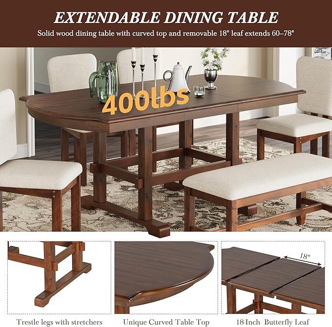 Ball & Cast 6 Pieces 78inch Extendable Wood Dining Table Set with Bench,Traditional Kitchen Table Set w/ 18inch Removable Leaf and 4 Upholstered Dining Chairs,for 5 People Dining Room,Espresso+Beige