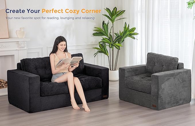 MAXYOYO Bean Bag Chair for Adults, Upholstered Floor Sofa with Armrests, Loveseat Boneless Couch with Tufted Cushion & Backrest, Sofa in A Box, Large Bean Bag Couch for Bedroom Living Room, Black
