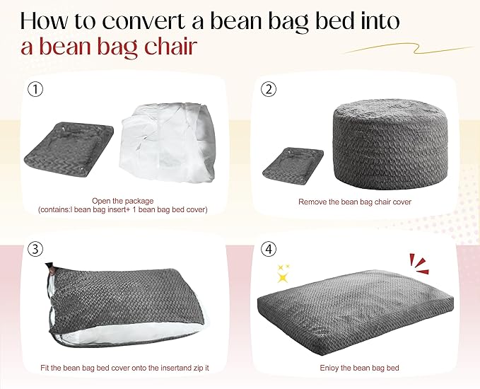 Hobestluk Bean Bag Chair Convertible Beanbag Chairs for Adults, 3 in 1 Bean Bags with Plush Chevron Cover, Adult Bean Bag Chair for Living Room, Bedroom (White, Queen)