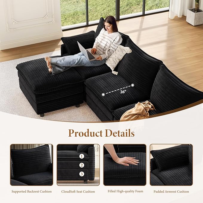Vesgantti 108" U Shaped Sectional Couch, Comfy Cloud Modular Sectional Sofa with 2 Ottoman Deep Seat Corduroy Modern Cloud Sofa, Modular Sofas for Living Room, Bedroom and Apartment, Black