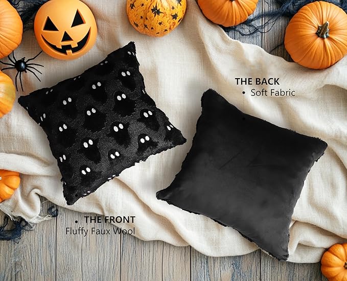 4TH Emotion Halloween Ghost Decorative Pillow Covers 16x16 Set of 2, Black Soft Plush Faux Fur Farmhouse Throw Cushion Cases for Fall Autumn Holiday Home Decorations