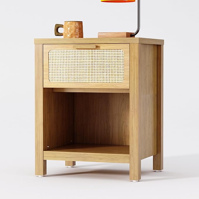 Rattan Nightstand, Farmhouse Bedside Table with Opening Storage,Large Side Table with Drawer,Boho Night Stand,Wooden End Table,Handmade Solid Wood Handle,Natural CTG65Y