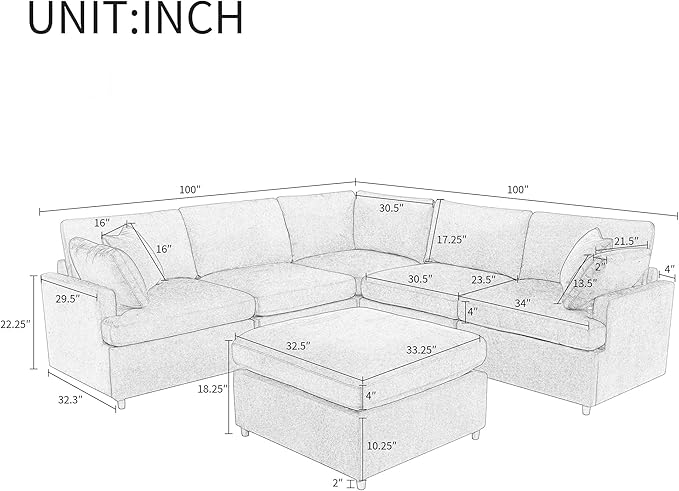 100 Inch U-Shaped Modular Convertible Sectional Sofa with Removable Ottoman and Pillows, Oversized 6 Seater Upholstered Corner Couch for Living Room, Office, Spacious Space, Beige