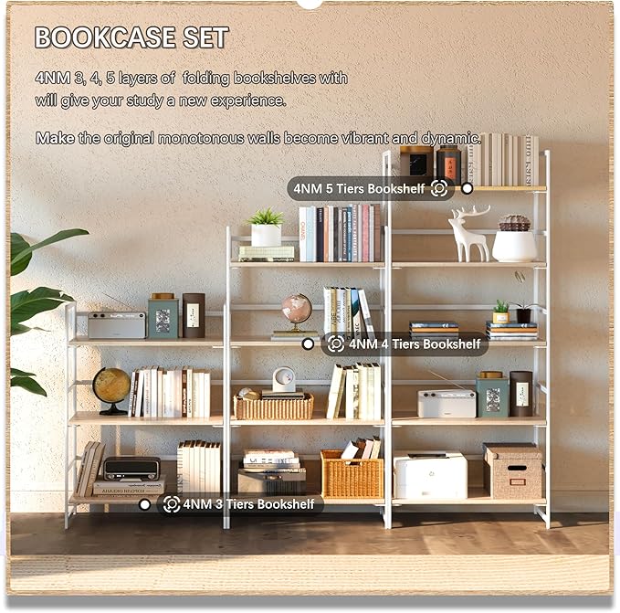 4NM No Assembly 4 Tiers Book Shelves, White Folding Bookshelf Bookcase Open Industrial Foldable Shelves for Bedroom, Living Room, Home Office - Natural White