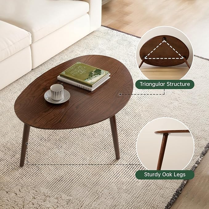 Small Oval Coffee Table, 19.7'' Small Mid Century Modern End Table for Living Room, 100% Solid Oak Wood Side Table, Minimalist Display Center Table(Walnut Color, 19.68" Wx13.38 Dx17.71 H)
