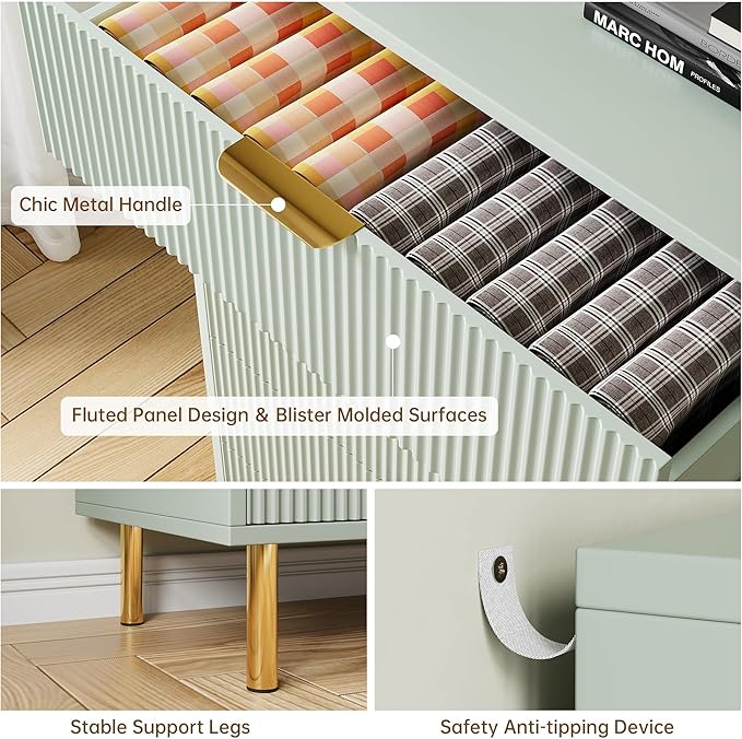 Green Dresser, Modern 3 Drawer Dresser for Bedroom with Gold Handle and Large Drawer, Wood Double Chest of Drawers and Storage Organizer for Living Room, Hallway, Entryway