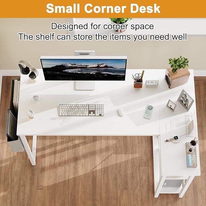 L Shaped Computer Desk with Reversible Shelves, 40 Inch Small Corner Desk with Storage Bag, Gaming Desk Computer Table Study Writing Desk for Home Office Small Space, White