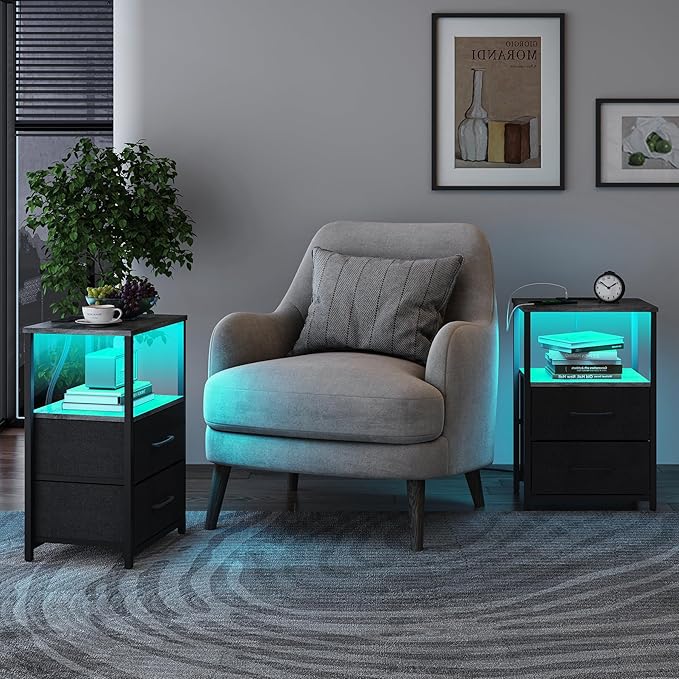TUTOTAK LED End Table with Charging Station, Night Stand, Side Table with 2 USB Ports and Outlets, Nightstand with Cloth Drawer, Bedside Table for Livingroom, Bedroom Charcoal Grey TB01BY088L