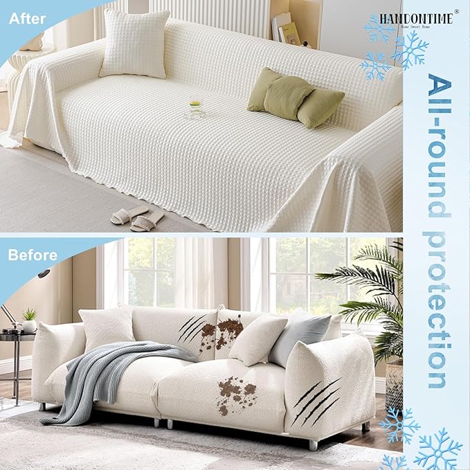 HANDONTIME Cooling Dog Couch Cover Ice Silk Washable & Breathable Pet Sofa Protector, Durable Couch Covers for Sofa Pet Friendly Soft Dog Cooling Bed Cover Sofa Protector Covers (Ivory, 71"x150")