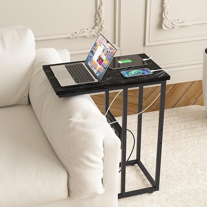 VECELO C Shaped End Side Table with Charging Station & Power Outlets for Couch Sofa/Bed Snack TV Tray with Metal Frame for Living Room Bedroom 1 Set, Black Marble