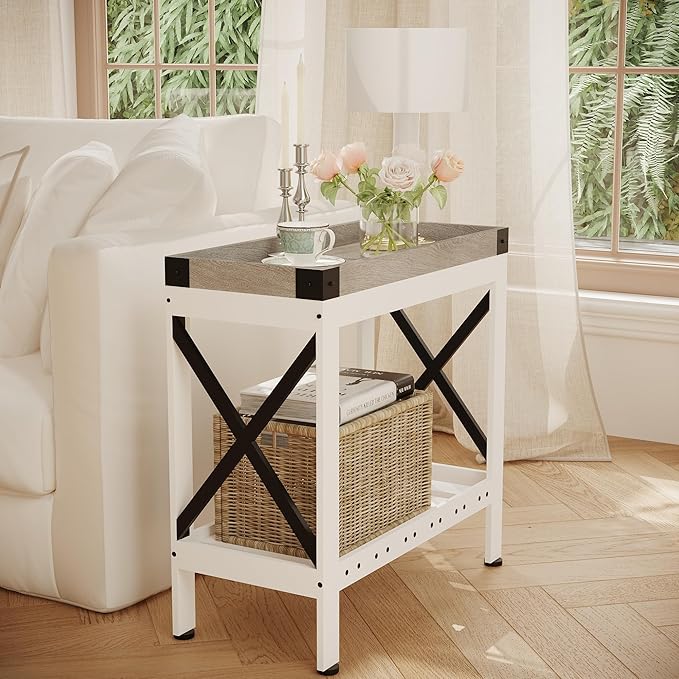 Narrow Side Table, Farmhouse End Table with Charging Station for Small Spaces, with 2 USB and 2 Power Outlets, 21.7" L x 10" W x 21.7" H