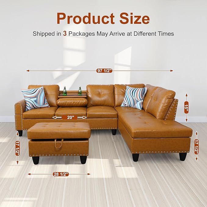Osparple L Shaped Couch PU Leather Sectional Couch Upholstered 3 Pieces Sofas for Living Room with Chaise, Ottoman with Storage for Office and Small Apartment, Ginger