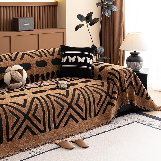 HANDONTIME Boho Couch Cover Geometric Striped Pet Covers for Couches and Sofas Copper Brown and Black Dog Cover for Couch Pet Friendly Chenille Sectional Sofa Covers for Pets Washable, 71" X 150"