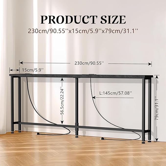 GRLEAF 90" Sofa Table with Built-in Power Strip (4 AC Outlets & 4 USB Ports) – 4.9ft Power Cord, Metal Frame, Easy Assembly, Long Couch Table Behind Sofa, Living Room and Home Office | Black