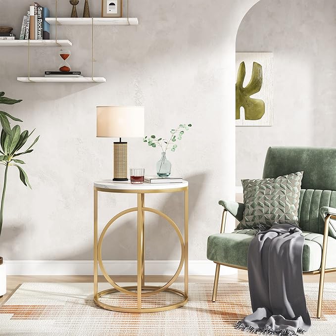 Tribesigns Round End Table for Living Room, Modern Marble Side Table with Gold Metal Frame, White and Gold Accent Table, 26-Inch Tall Narrow Nightstand for Bedroom