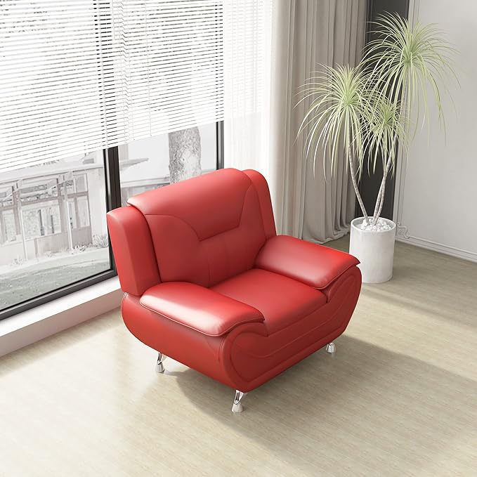 Container Furniture Direct Michael Modern Faux Leather Upholstered Stainless Steel Legs Living Room, Chair, Loveseat, Sofa, White Dove
