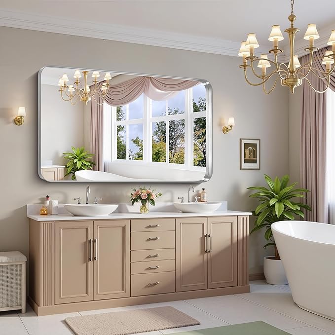 FORBATH 60x36 Inch Large Bathroom Mirror for Double Sinks, Brushed Silver Deep Frame Wall Mirror with Rounded Corners, Anti-Rust Tempered Glass for Modern Farmhouse Vanity (Horizontal/Vertical)