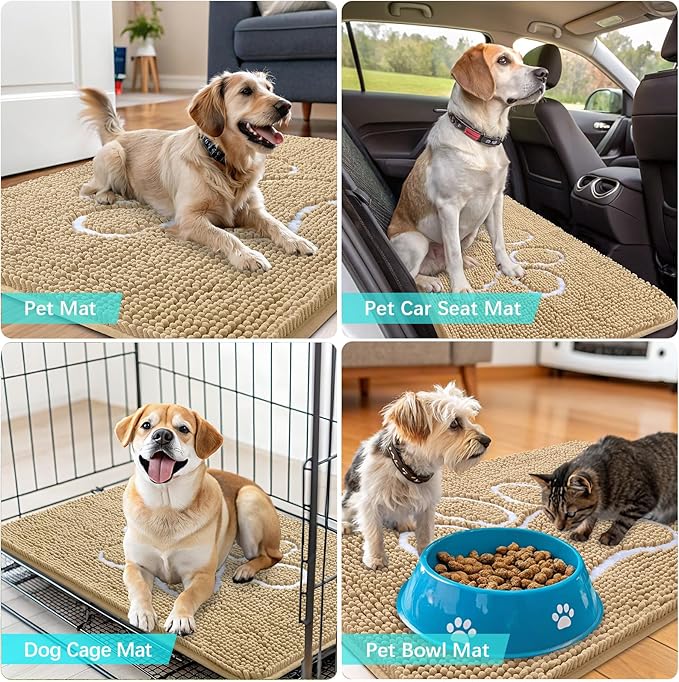 OLANLY Door Mat for Muddy Dog Paws 30x20, Ultra Absorbent Chenille Mud Doormat with Paw Print Design, Non-Slip Washable Doormat for Indoor Entryway, Quick-Dry Pet Bed Mats for Dirty Dogs, Beige