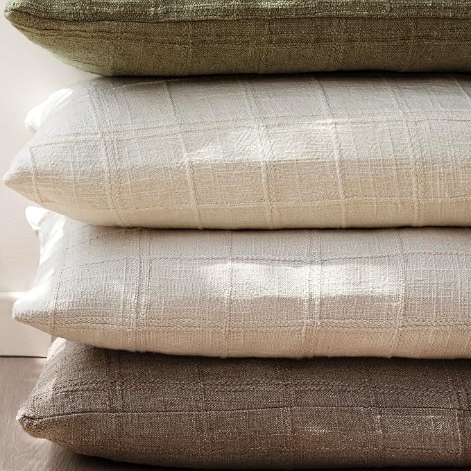 Foindtower Set of 2 Decorative Linen Check Throw Pillow Covers Neutral Farmhouse Lumbar Cushion Covers Modern Boho Home Decor for Sofa Chair Couch Bedroom Living Room Outdoor,12×20 Inch,Taupe Grey