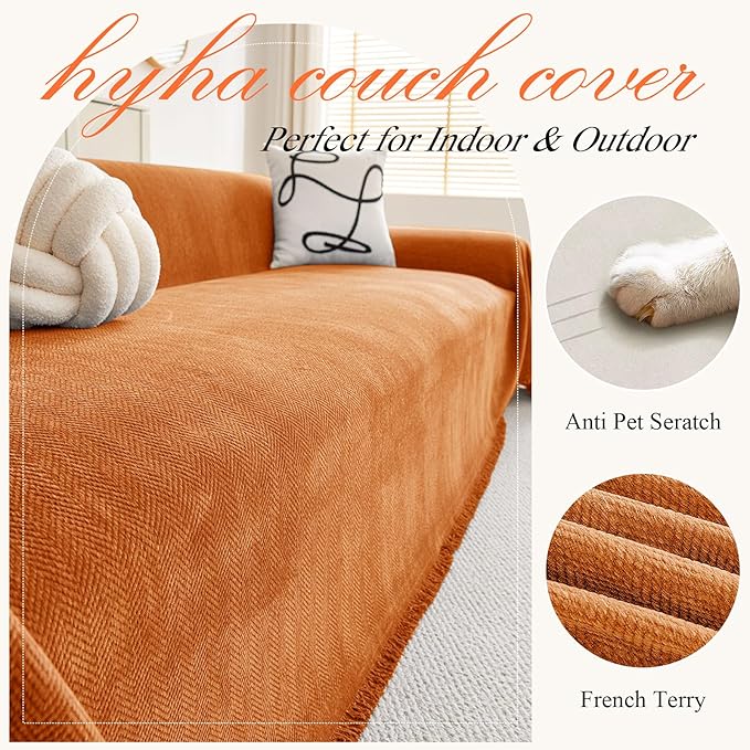 hyha Couch Cover for Dogs, Boho Sofa Covers for 3 Cushion Couch Washable, Chenille Sofa Slipcover for Pets, Soft Loveseat Sectional Couch Throw Blankets with Tassels (Orange, 88.5x150 Inch)