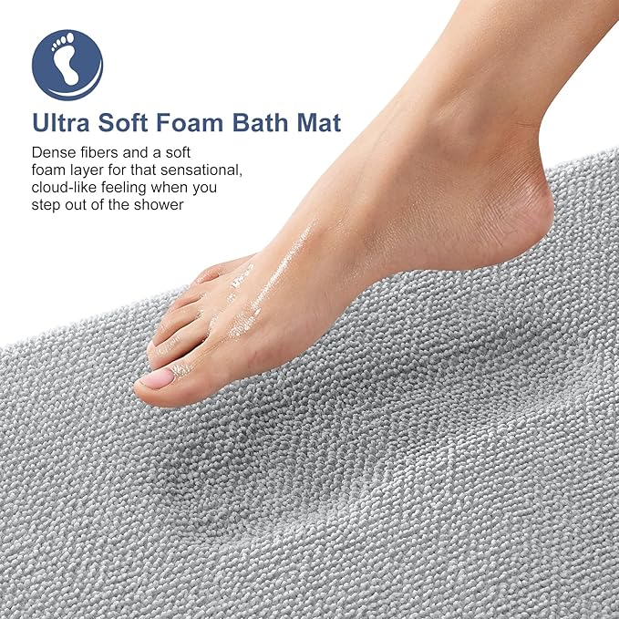 OLANLY Thick Memory Foam Bath Mat Rug 59x24, Extra Soft Absorbent Bathroom Rug, Quick Dry Bath Mats, Non-Slip, Machine Washable Carpet for Bathroom, Tub and Shower, Home Decor Accessories, Light Grey