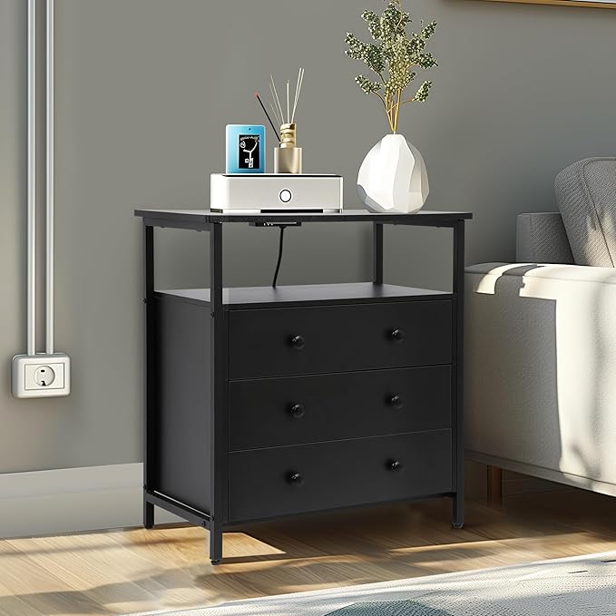 3 Wooden Drawers Nightstand, 27 Inch Wide Night Stand Set 2 with Charging Station and Adjustable Drawers, Bedside Table for Living Room/Bedroom/Office, Black.