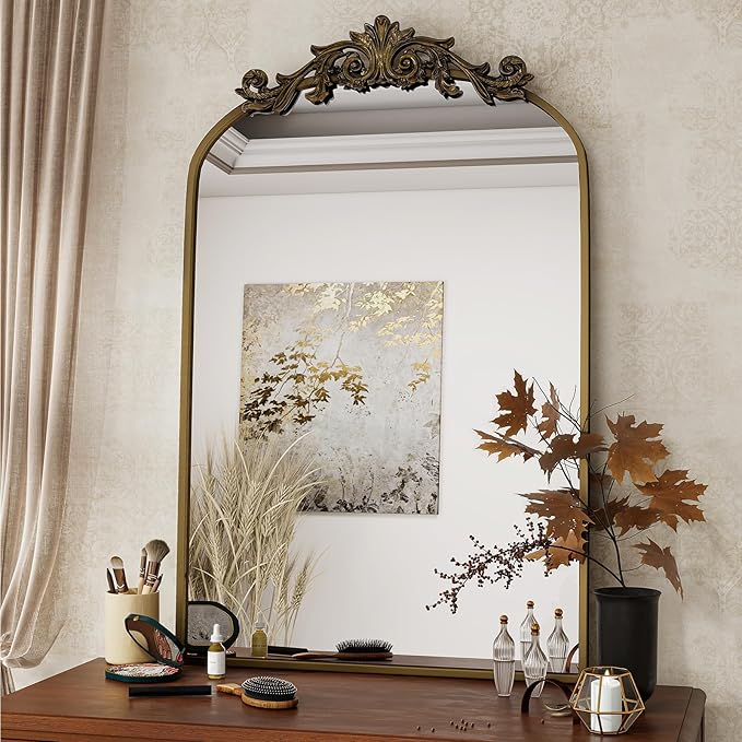 Vintage Arched Bathroom Mirror, 24x36 Inch Retro Wall Mounted Vanity Mirror with Carved Pattern Top and Metal Frame, Antique Decorative Mirror for Hanging or Leaning