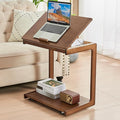 CozyDH Adjustable C Shaped End Table, Rolling Side Table Solid Wood TV Sofa Tray Table for Couch Arm Eating Multi-Purpose, Small Coffee Table with Wheels Living Room Bedroom, Walnut