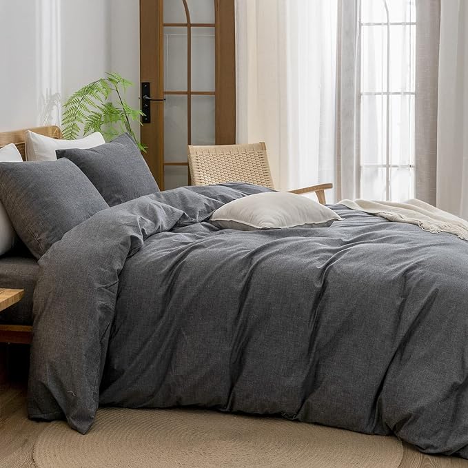 BESTOUCH Duvet Cover Set 100% Washed Cotton Linen Feel Super Soft Comfortable Chic Lightweight 3 PCs Home Bedding Set Solid Dark Black King