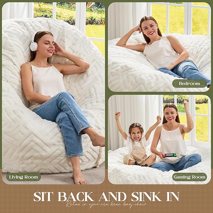 Hobestluk Bean Bag Chairs Adults Beanbag Chair with Filler Large Bean Bags with Fluffy Embossed Cover, Giant Bean Bag Chairs for Adults (White, 5FT - 50” x 50” x 24”)