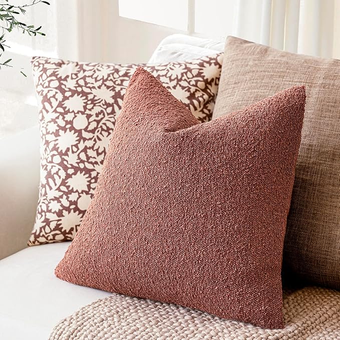 Foindtower Pack of 2, Decorative Textured Boucle Throw Pillow Covers Accent Solid Pillow Cases Cozy Soft Couch Cushion Case for Chair Sofa Bedroom Living Room Home Decor 22x22 Inch Orange Rust Red