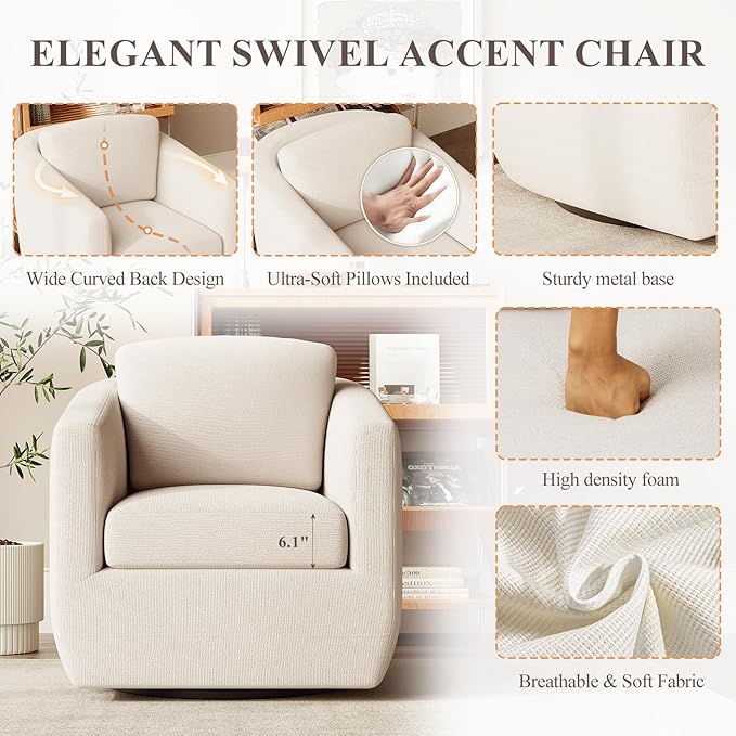 COLAMY 360° Swivel Accent Chair Set of 2 with Pillow - Comfy Living Room Armchair No-Sag Foam & Sturdy Metal Base, Fully Assembled Swivel Accent Single Sofa for Bedroom Living Room, Office, Beige