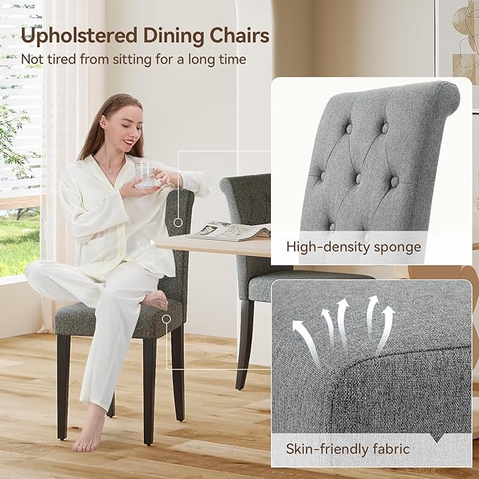 Upholstered Dining Chairs Set of 4, Button Tufted Parsons Dining Chair with Solid Wood Legs, Modern Fabric Side Chair for Dining Room/Kitchen/Restaurant/Hotel- Grey