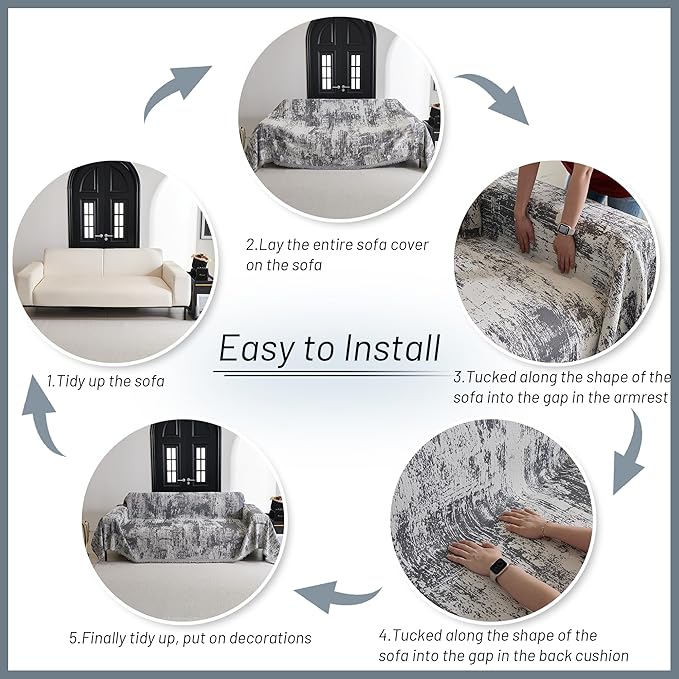 MYSKY HOME Boho Couch Cover for Dogs Washable Deep Grey Abstract Couch Sofa Protector for Loveseat Sofa Pets Friendly Chenille Geometric Sofa Covers Soft Durable Farmhouse Sofa Slipcovers, 91" X118"