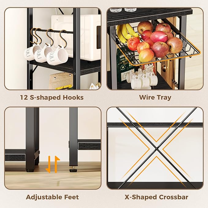 SUPERJARE Large Bakers Rack with Power Outlets, 6-Tier Microwave Stand, Coffee Bar with 12 S-Shaped Hooks, Kitchen Shelf with Wire Basket, 39.3 x 15.5 x 66.9 Inches, Black