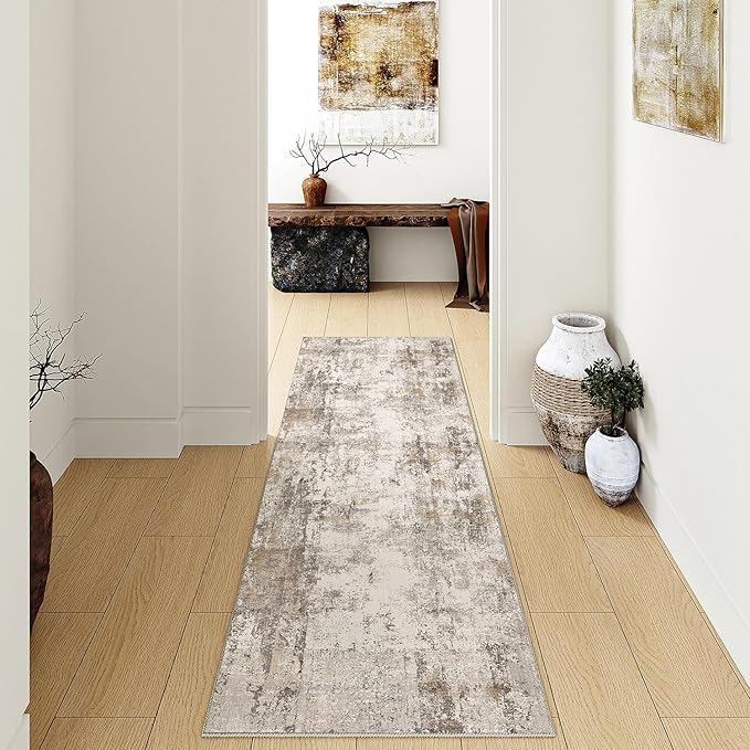 2x12 Washable Runner Rug Brown Grey Neutral Abstract Hallway Kitchen Living Room Bedroom Non Slip Throw Rug Soft Low Pile Indoor Carpet for Entrance Laundry Bathroom