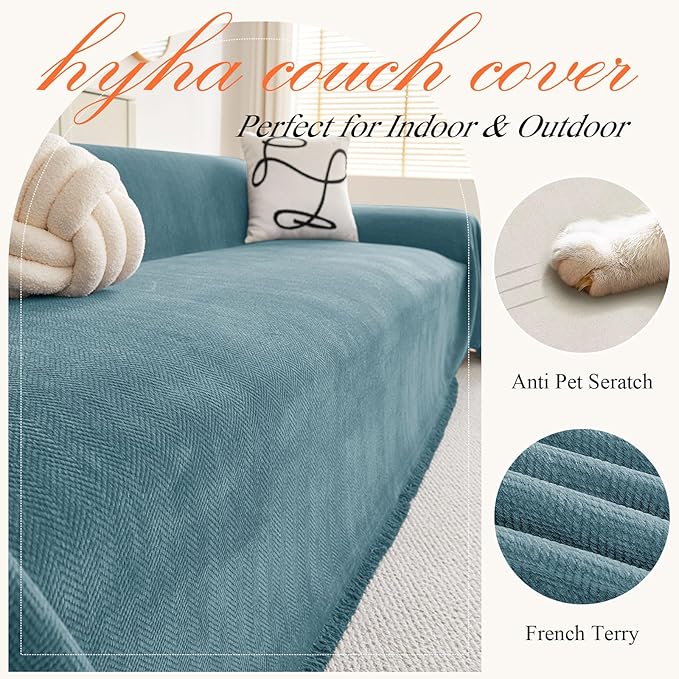 hyha Couch Cover for Dogs, Boho Sofa Covers for 3 Cushion Couch Washable, Chenille Sofa Slipcover for Pets, Soft Loveseat Sectional Couch Throw Blankets with Tassels (Blue, 88.5x134 Inch)