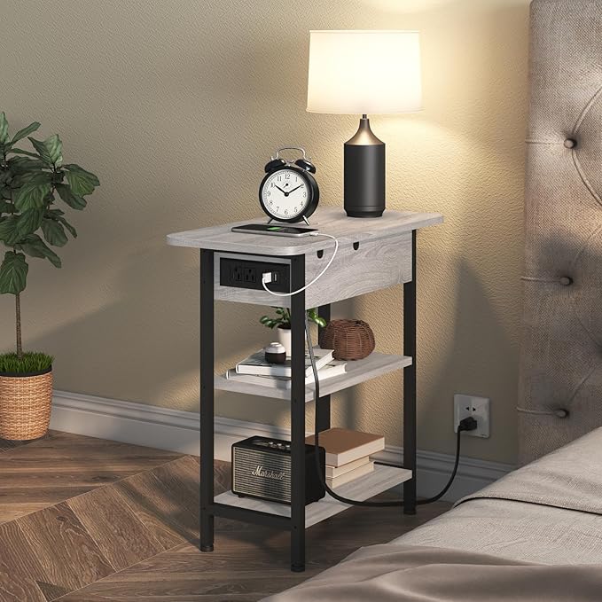 LIDYUK End Table with Charging Station, Set of 2 Flip Top Narrow Side Table for Small Spaces, Nightstands Set of 2 for Bedroom, End Tables Living Room with Storage Shelves, Light Grey