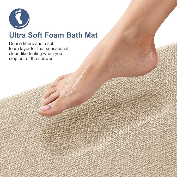 OLANLY Thick Memory Foam Bath Mat Rug 44x24, Extra Soft Absorbent Bathroom Rug, Quick Dry Bath Mats, Non-Slip, Machine Washable Carpet for Bathroom, Tub and Shower, Home Decor Accessories, Beige