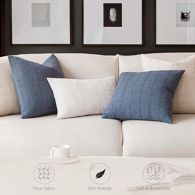 Foindtower Set of 2 Decorative Linen Check Throw Pillow Covers Neutral Farmhouse Vintage Cushion Covers Modern Boho Home Decor For Sofa Chair Couch Bedroom Living Room Outdoor,26×26 Inch,Natural Beige