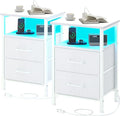 Nightstands Set of 2, Night Stand with Charging Station and Led Lights, Bedside Table with 2 Fabric Drawers for Bedroom, Small Side End Table with Open Shelf, White