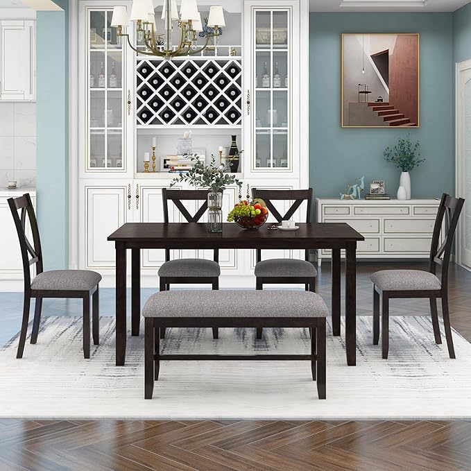 6 Pieces Dining Table Set with 60" Rectangle Kitchen Desk,Living Room Furniture W/ 4 "X-Shaped Curved Backres Fabric Chairs & 1 Bench,for Restaurant,Home Bistro,Espresso